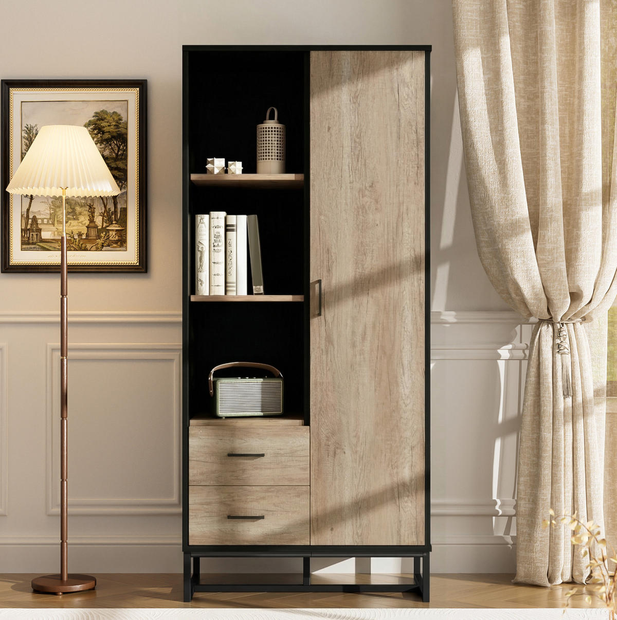 HIGHBOARD 80/40/180 cm in Holzoptik und Schwarz mit 2 Schubladen und 3 offenen Fächern - Schwarz, Holzwerkstoff (80/180/40cm) - Flora Grace