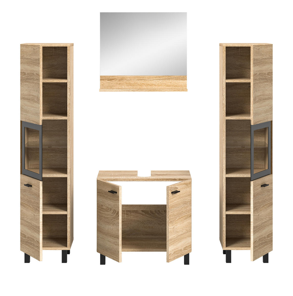 BADMÖBEL-SET Eiche 4-teilig 140 cm, Komplettset hängend oder stehend - Eichefarben/Schwarz, Glas/Holzwerkstoff (137/186/33cm) - Inn.Furn