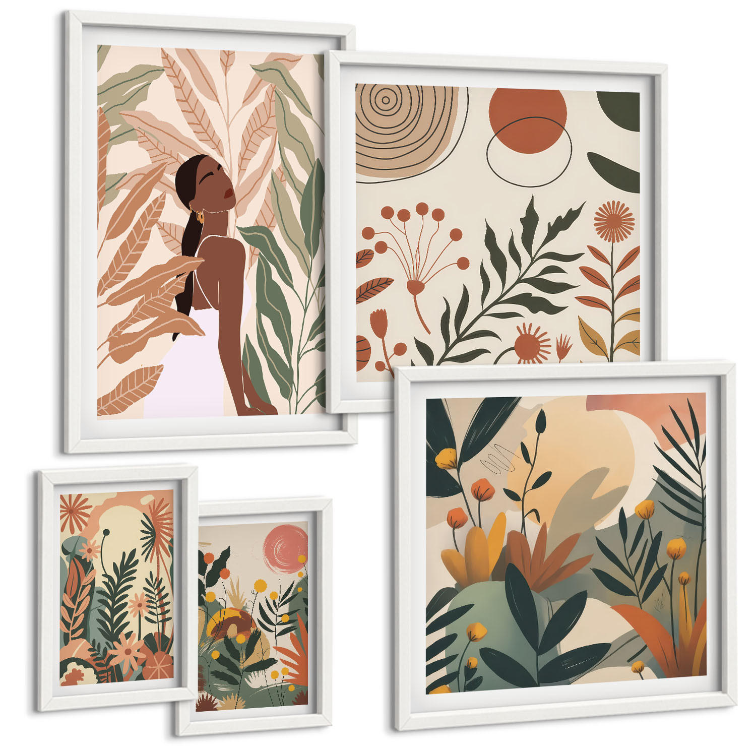 BILDER SET 5er Set - 50x50 cm & 20x30 cm & 40x60 cm Weißer Rahmen - Pflanzenmotive in Farben - Weiß, Kunststoff (40/60cm) - TULUP