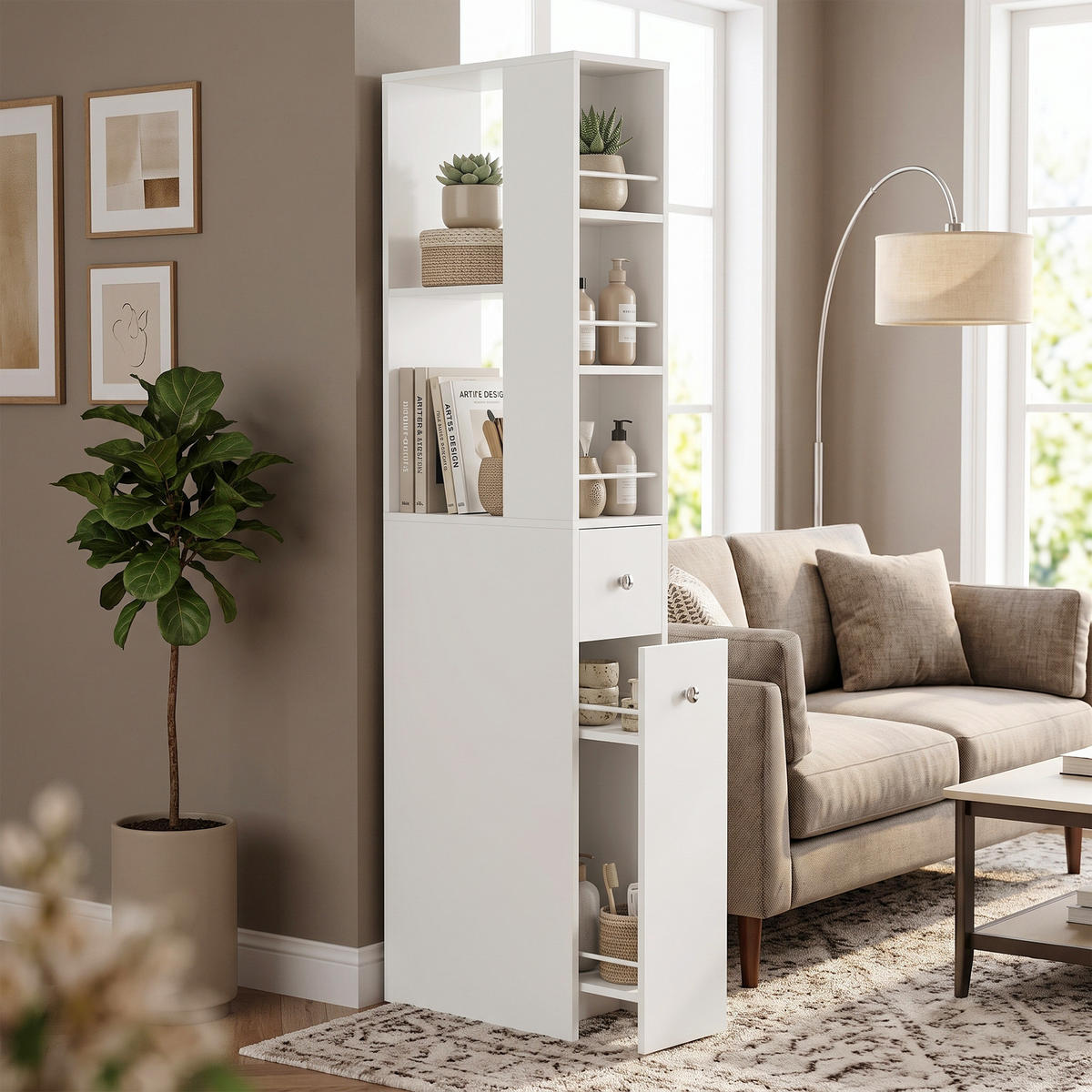 BADEZIMMERSCHRANK MDF Weiß - Silberfarben/Weiß, Holzwerkstoff/Metall (18/135/40cm) - HOMCOM