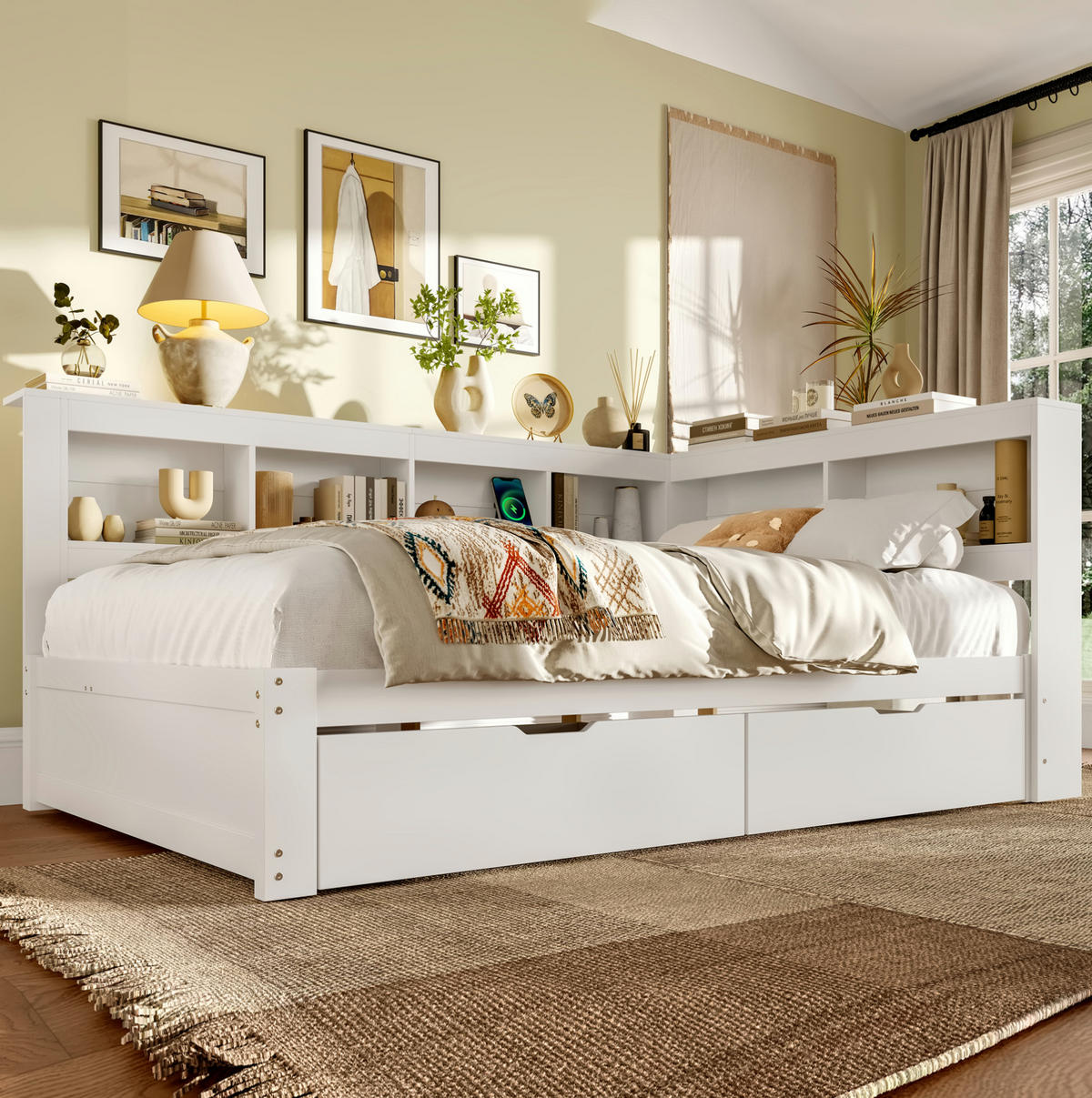 POLSTERBETT aus MDF und Kiefernholz 140x200 cm in Weiß mit 2 Schubladen & USB - Weiß, Holz (140/200cm) - Modfu