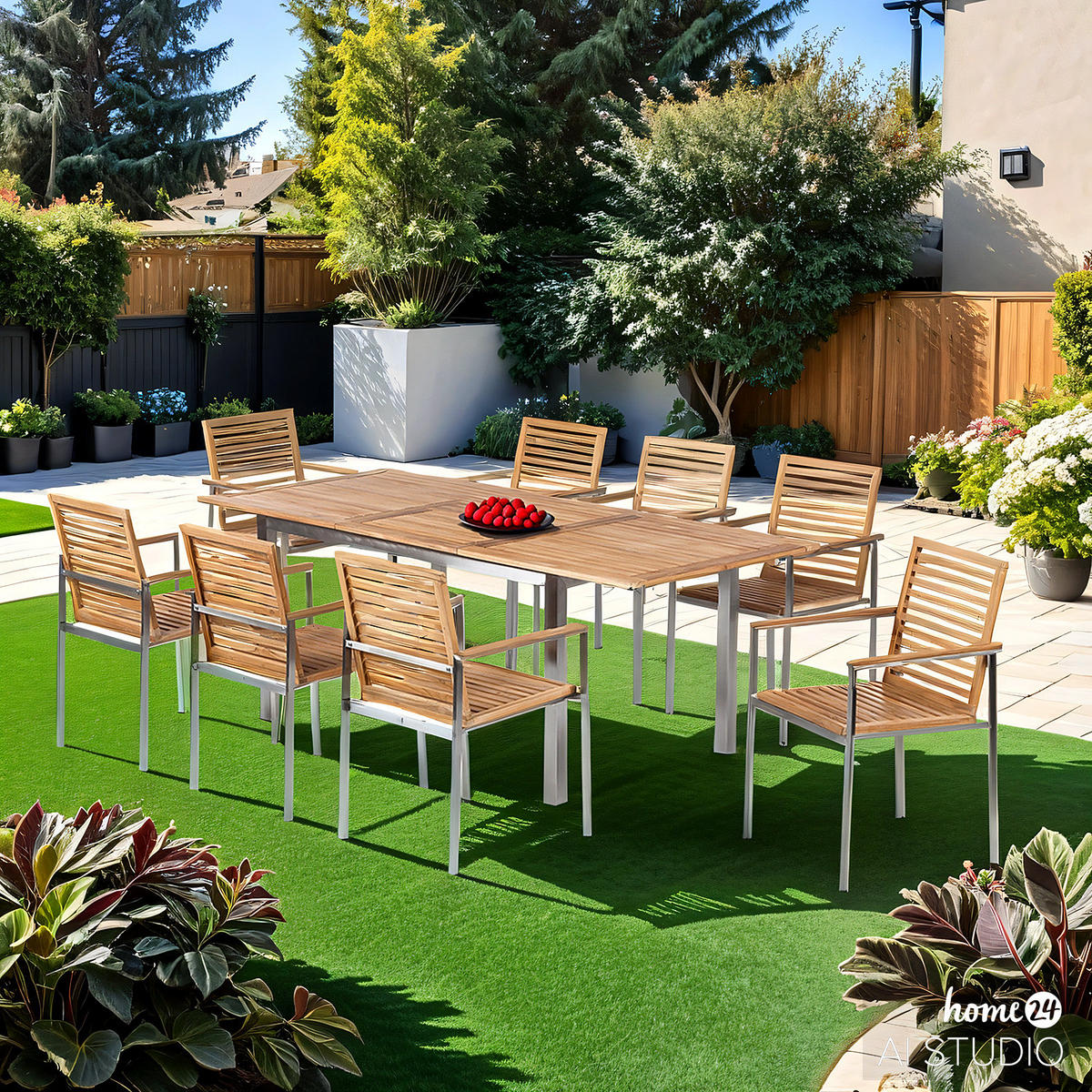 ESSGRUPPE - Teak massiv / Edelstahl - 9-teilig - Silberfarben/Braun, Holz/Metall - home24