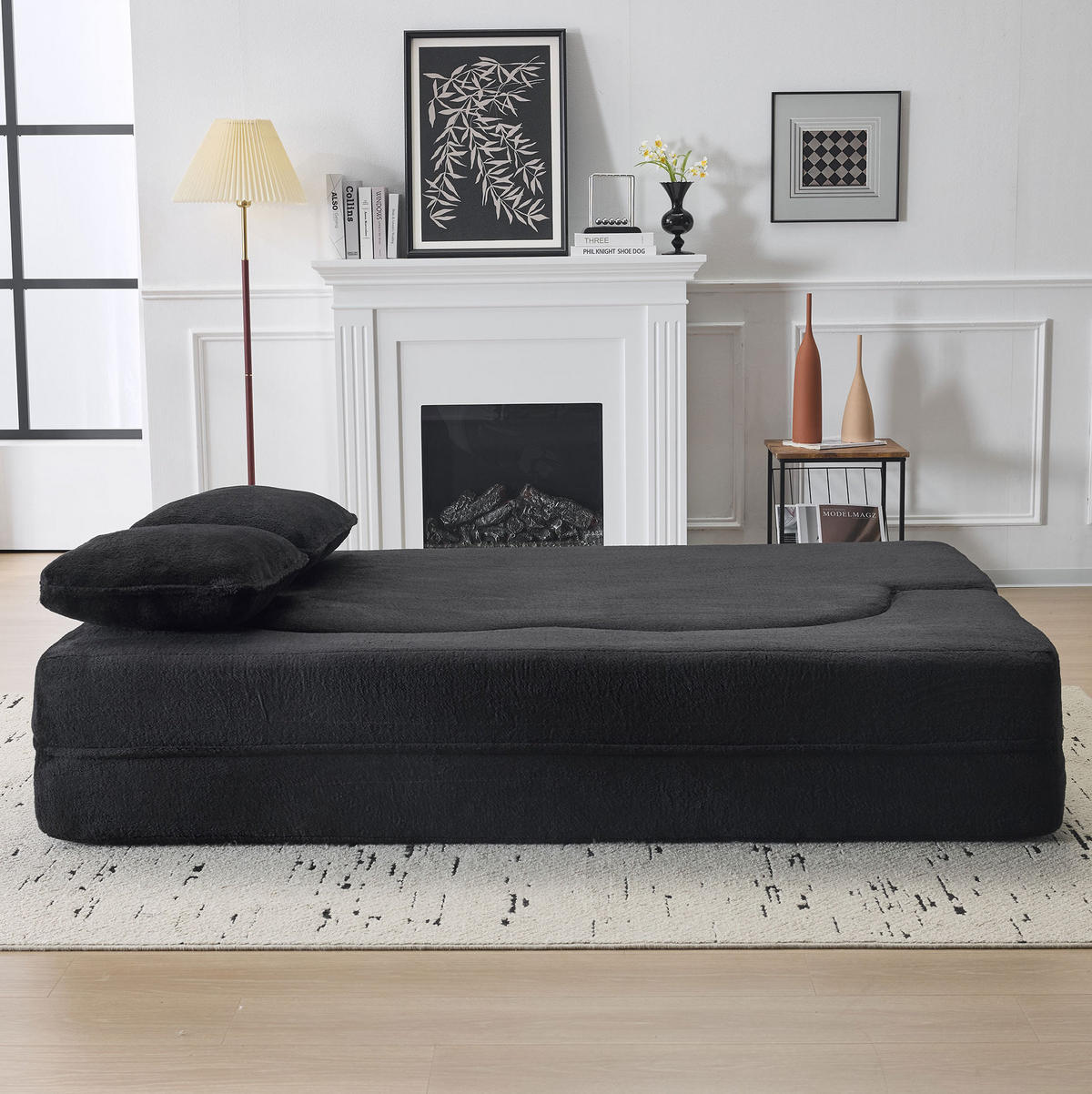 BODENSCHLAFSOFA mit Schlaffunktion, 4 Kissen und ergonomischer Polsterung, Schwarz - Schwarz, Textil (198/76/60cm) - Redom
