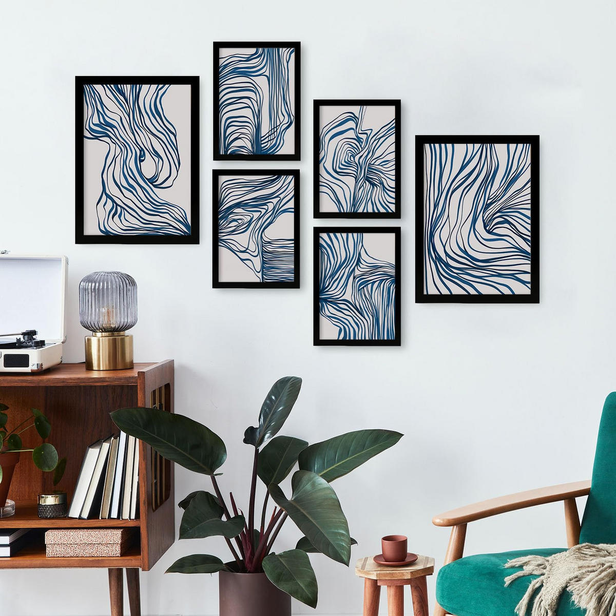 POSTER Set Mit 6 Bezaubernde Schnur In Form Abstracts Ästhetische Dekorative Gemälde Für Ihr Wohnzimmer Schlafzimmer Zuhause A3 & A4 Schwarzer Rahmen - Schwarz, Papier (29/3cm) - Nacnic