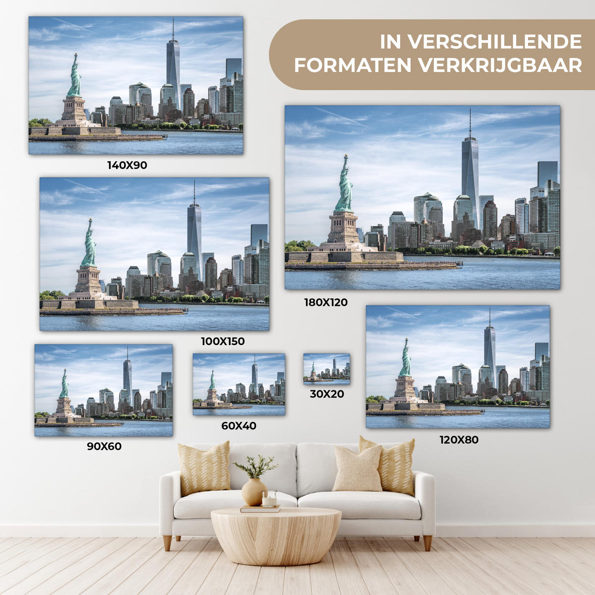 LEINWANDBILD New York - Freiheitsstatue - Wasser Deko Schlafzimmer 30x20 cm - Hellblau, Textil (30/20cm) - MuchoWow