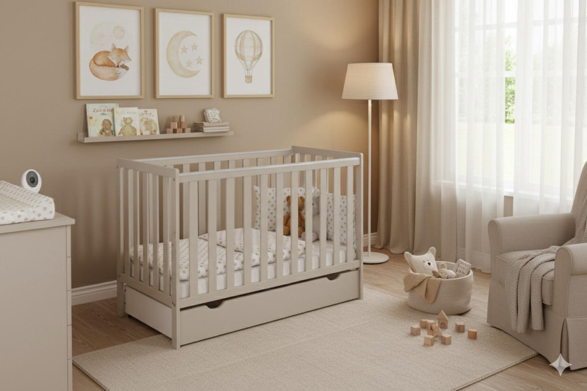 BABYBETT Lio mit Matratze und Schublade - Beige, Holzwerkstoff (60/120cm) - kiki design