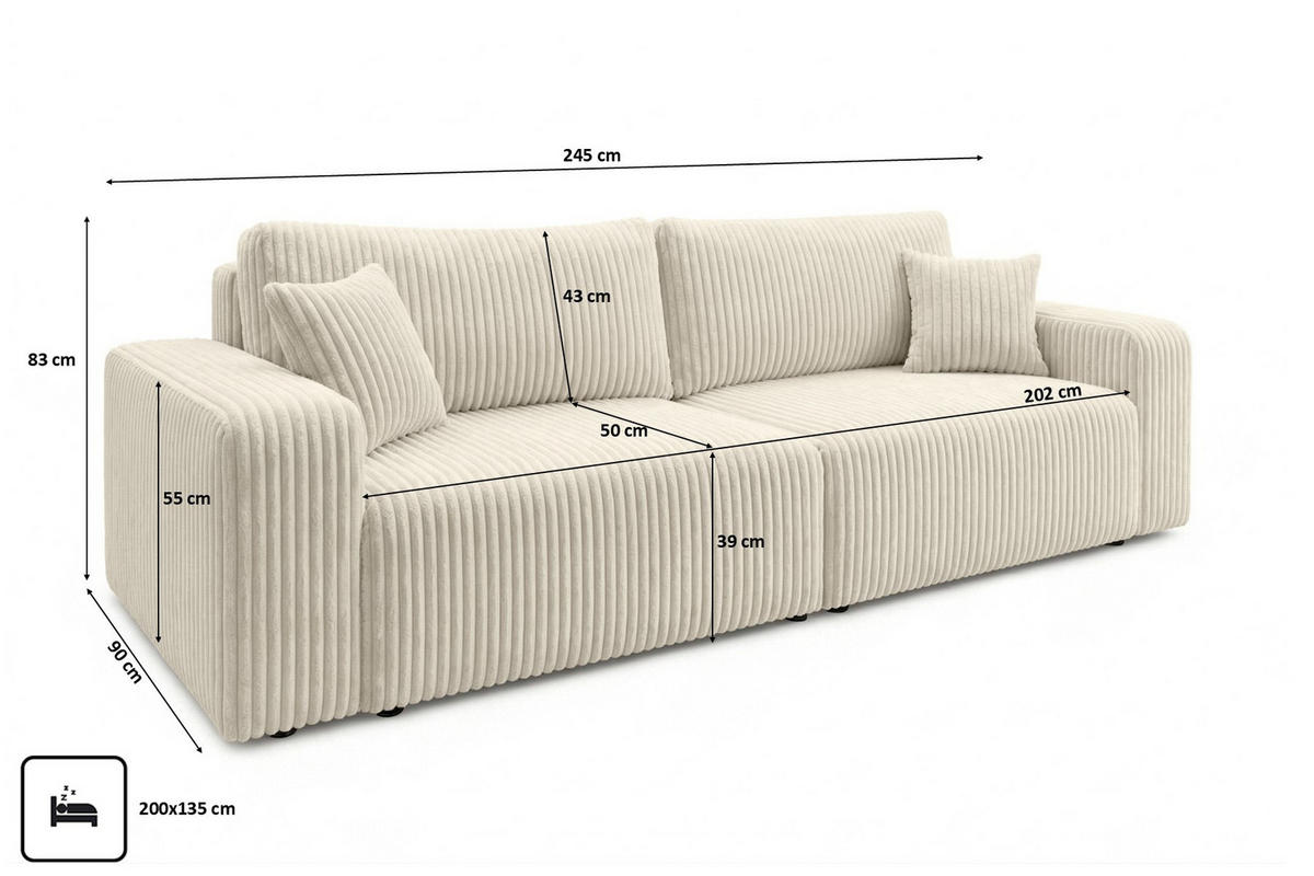 SOFA Mit Schlaffunktion Und Bettkasten, Cordstoff Tilia, Ecru, BEST SCORNER - Ecru, Holz (245/83/90cm) - Kaiser Möbel