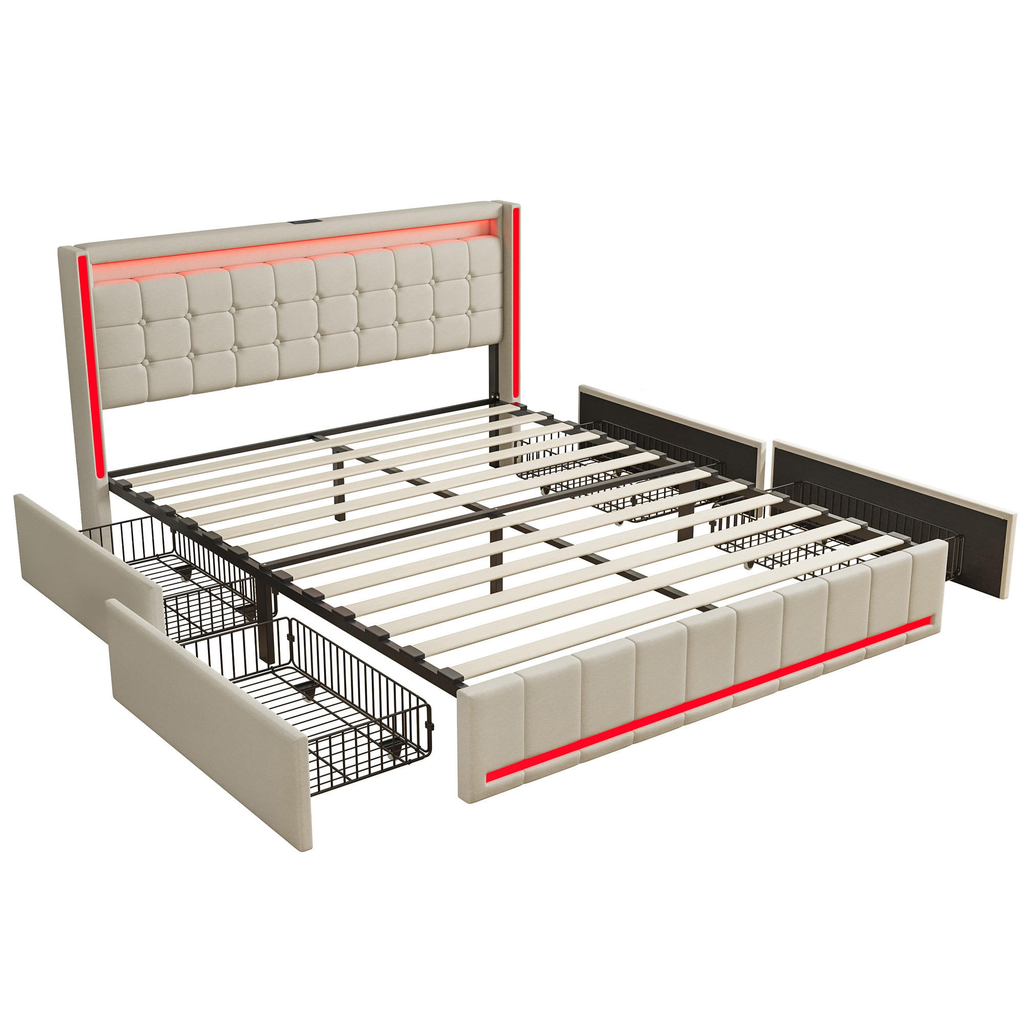 POLSTERBETT 140x200 cm Lumina Smart mit 3-Zonen RGB-LED, USB & USB-C, 4 Schubladen, Leinen-Optik, Beige - Beige, Textil (140/200cm) - DELFA