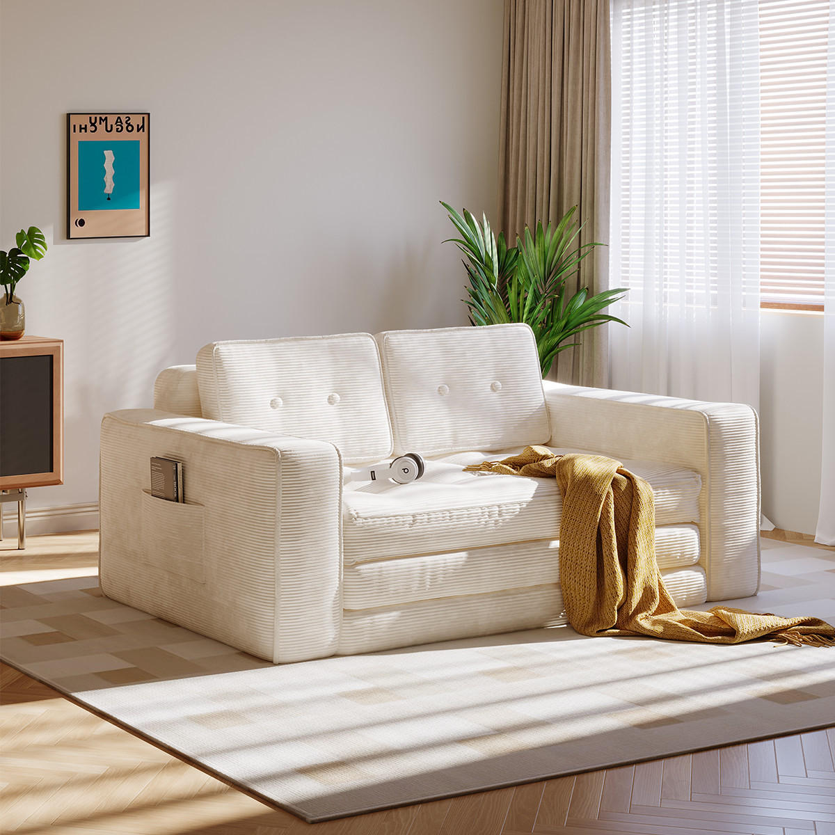 SOFA 2-Sitzer, 143 CM, mit 2 Kissen und Armlehnen,für Wohnzimmer, Schlafzimmer,aus Cord,Beige - Beige, Textil (92/42/143cm)