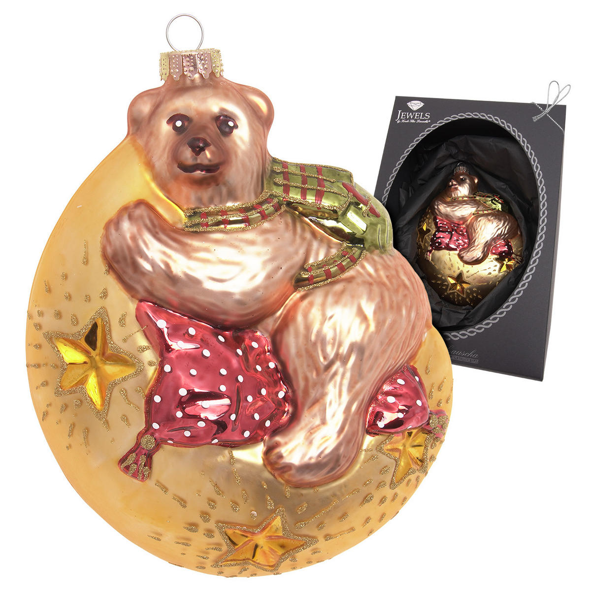 CHRISTBAUMSCHMUCK Bär auf Mond Mehrfarbig 15cm (Glas / 1 Stk.) - Multicolor, Glas (11/15/6cm) - Krebs Glas Lauscha