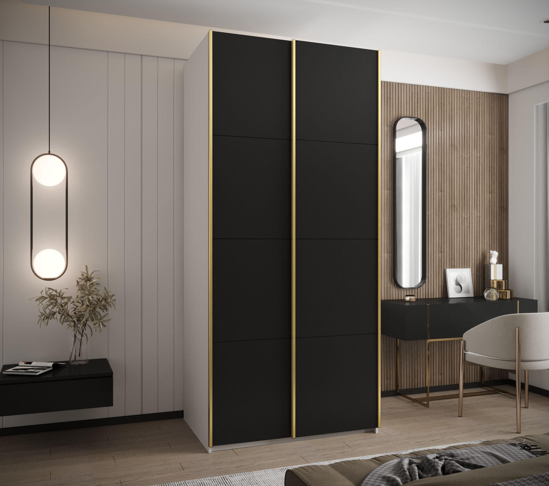 SCHWEBETÜRENSCHRANK 245,5/100/64 2-türig - Goldfarben/Schwarz, Holz/Metall (100/245/64cm) - Abiks Möbel