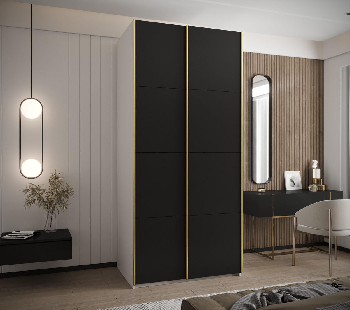 SCHWEBETÜRENSCHRANK 245,5/120/64 2-türig - Goldfarben/Schwarz, Holz/Metall (120/245/64cm) - Abiks Möbel