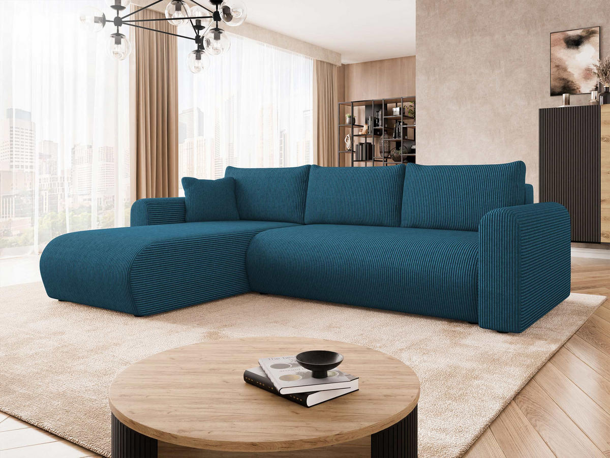 ECKSOFA Eliwo Cord - Blau/Schwarz, Holz/Textil (252/158cm) - MIRJAN24