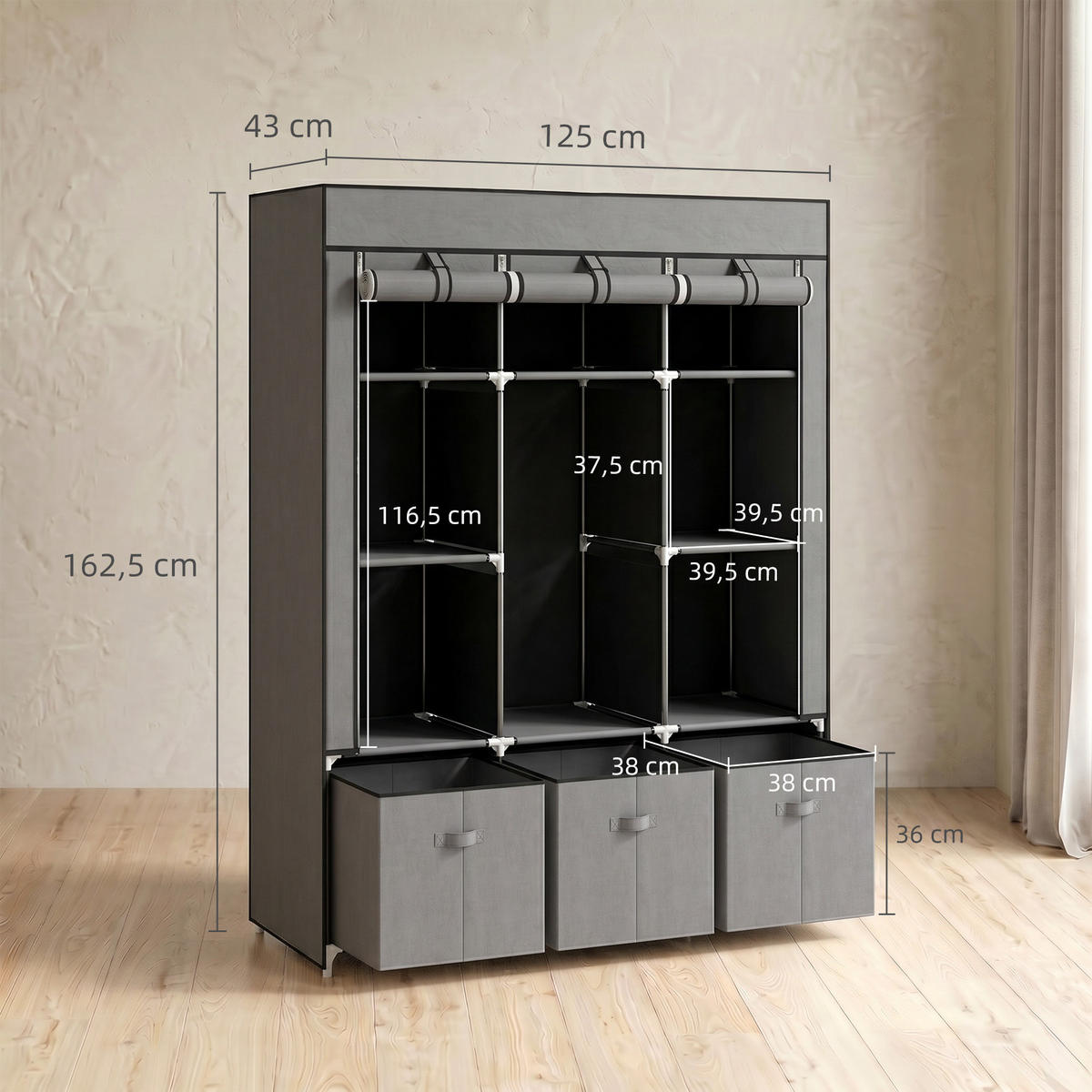 STOFFSCHRANK Dunkelgrau 1 Stück - Dunkelgrau, Metall (125/162.5/43cm) - GiPP