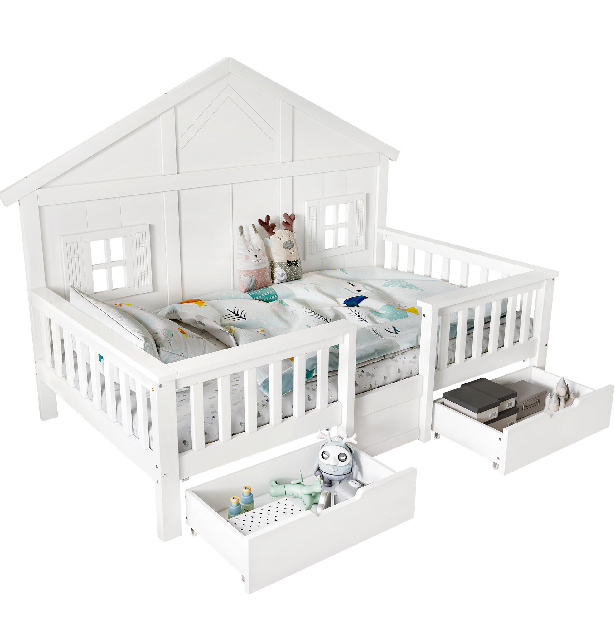KINDERBETT 90/200 cm Weiß aus Kiefer und MDF mit Dach, Fenstern und 2 Schubladen - Weiß, Holz (90/200cm) - OKWISH