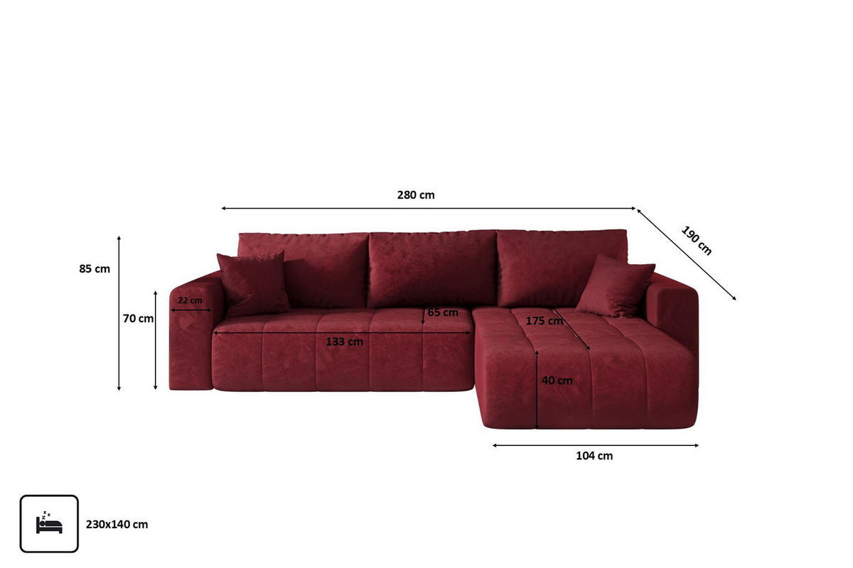 ECKSOFA mit schlaffunktion und bettkasten MILO, stoff MONOLITH, Rot, Rechts - Rot, Holz (280/190cm) - Kaiser Möbel