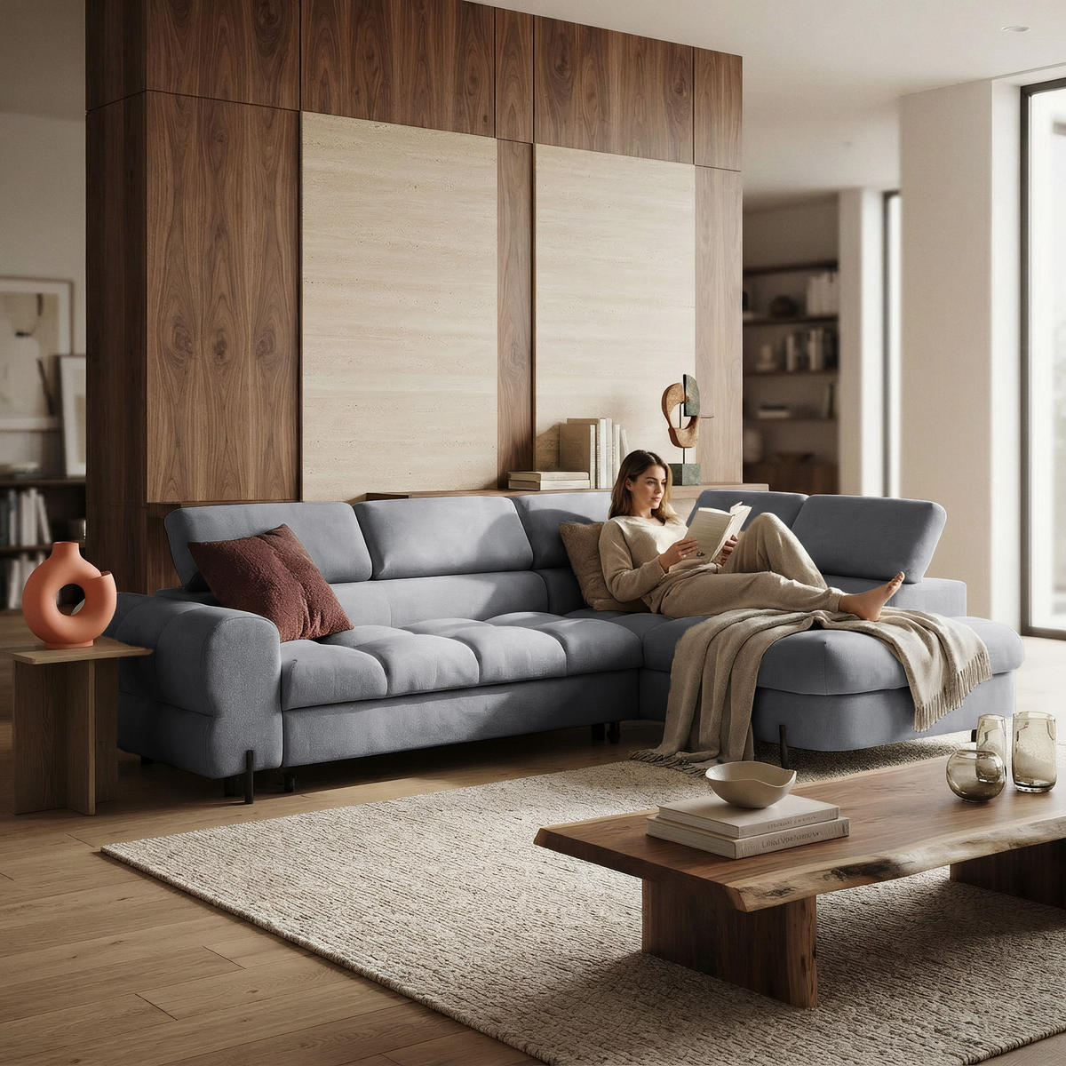 ECKSOFA BOWL L Rechts mit Schlaffunktion 125x195 Velours Dunkelgrau - Dunkelgrau/Schwarz, Holz/Textil (195/260cm) - Muffo