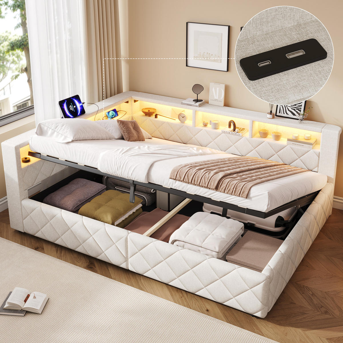 SCHLAFSOFA 140 x 200 cm, Beige, Leinen, LED, USB - Beige, Naturmaterialen (140/200cm) - FLIEKS