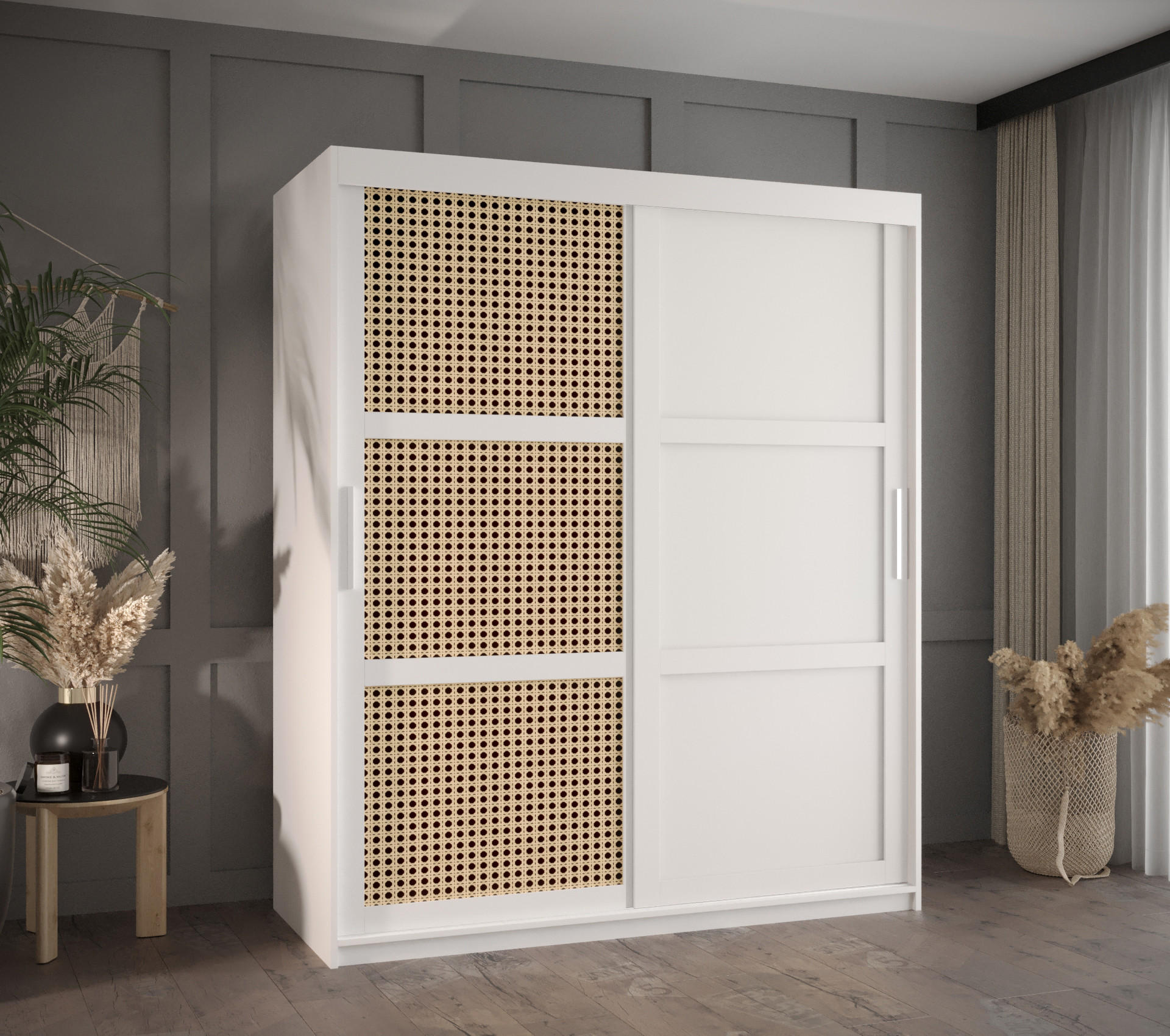 SCHWEBETÜRENSCHRANK 200/150/62 2-türig - Silberfarben/Weiß, Holz/Kunststoff (150/200/62cm) - MÖBEL KRYSPOL