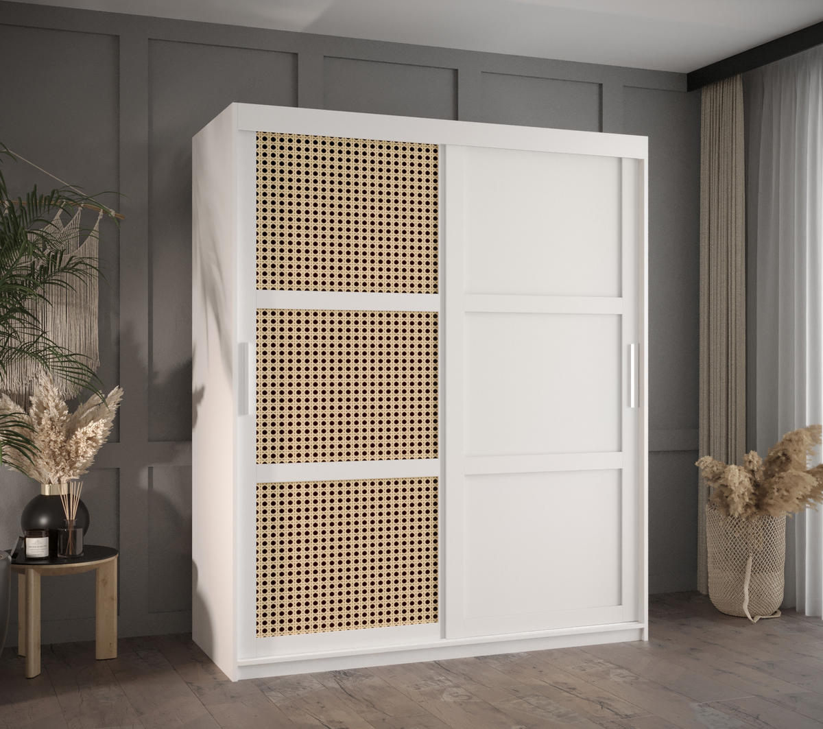 SCHWEBETÜRENSCHRANK 200/150/62 2-türig - Silberfarben/Weiß, Holz/Kunststoff (150/200/62cm) - MÖBEL KRYSPOL