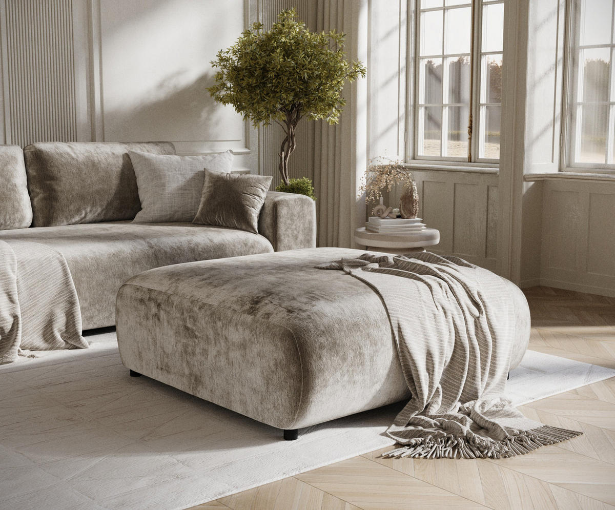 POUF L Zanzibar Beige Chenille - Beige/Schwarz, Holz/Holzwerkstoff (110/37/110cm) - Maison de Reve