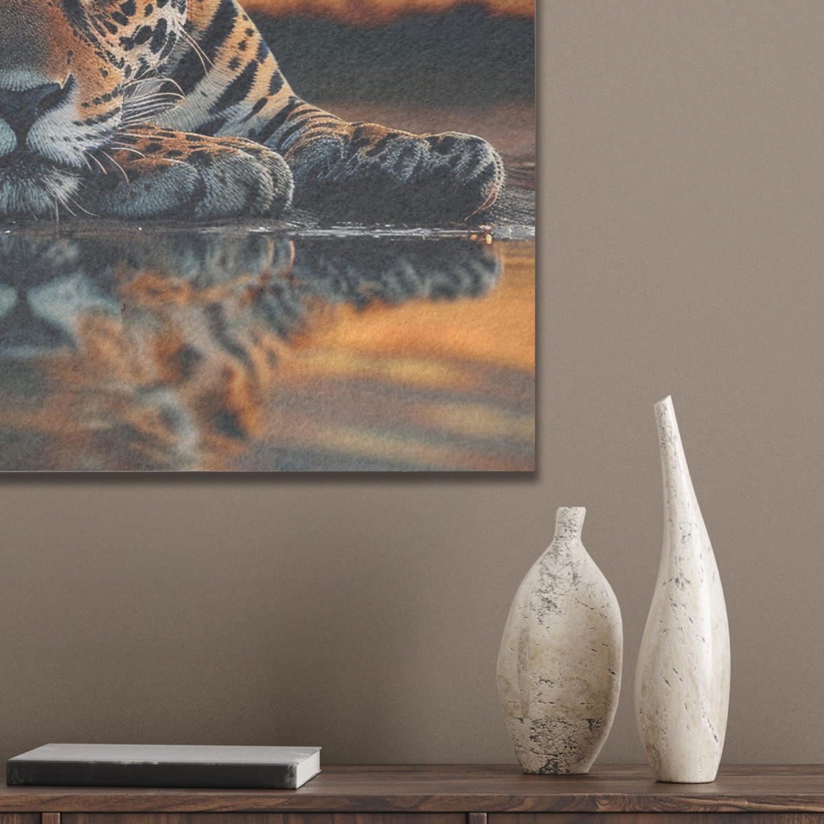 AKUSTIKBILD Natur - Leopard - Tier - Sonnenuntergang - Modern Wanddeko 70x50 cm - Orange, Kunststoff (70/50/0.9cm) - MuchoWow