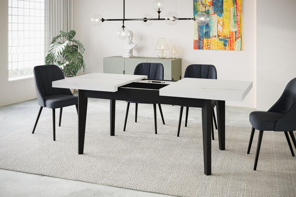 ESSZIMMERTISCH SKANDI, ausziehbarer Tisch: 200-300X100X78 cm, Farbe: MARMUR, mit Holzbeinen in Farbe Schwarz - Hellgrau/Schwarz, Holzwerkstoff (200/100/78cm) - Alpi-Möbel