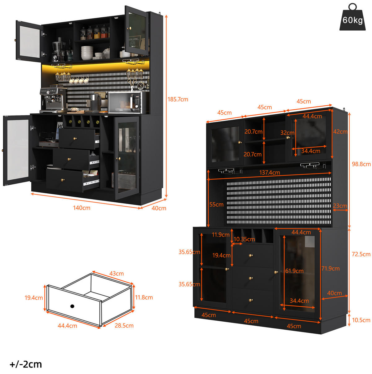 BUFFET 140/40/185,7 cm schwarz aus MDF und Glas mit LED-Beleuchtung - Schwarz, Holzwerkstoff (140/185.7/40cm) - OKWISH