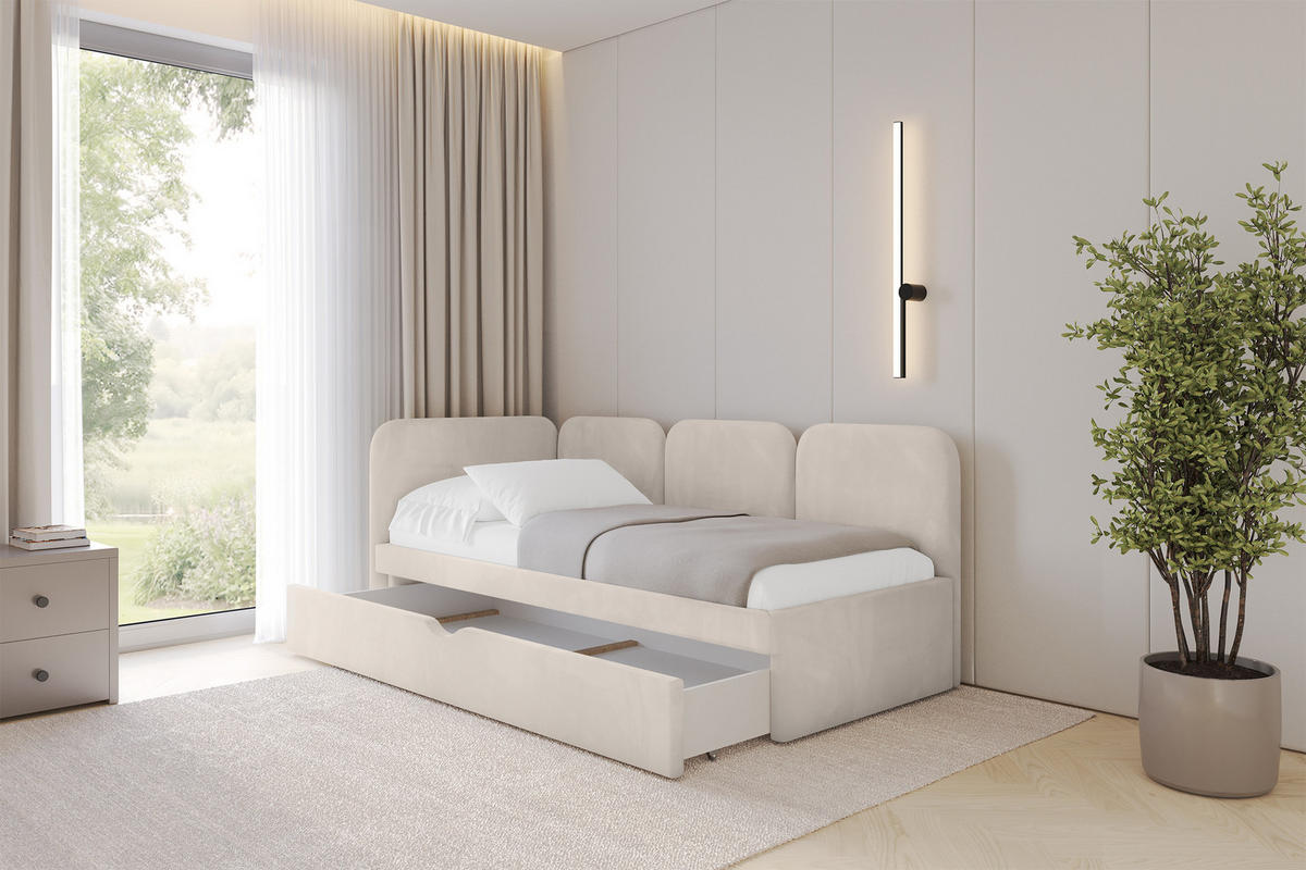 EINZELLBETT Jugendbett mit Bettkasten und Matratze H3/H4, Rechts - ALVY 90x200 Beige - Sandfarben, Holzwerkstoff/Textil (90/200cm) - ALTDECOR