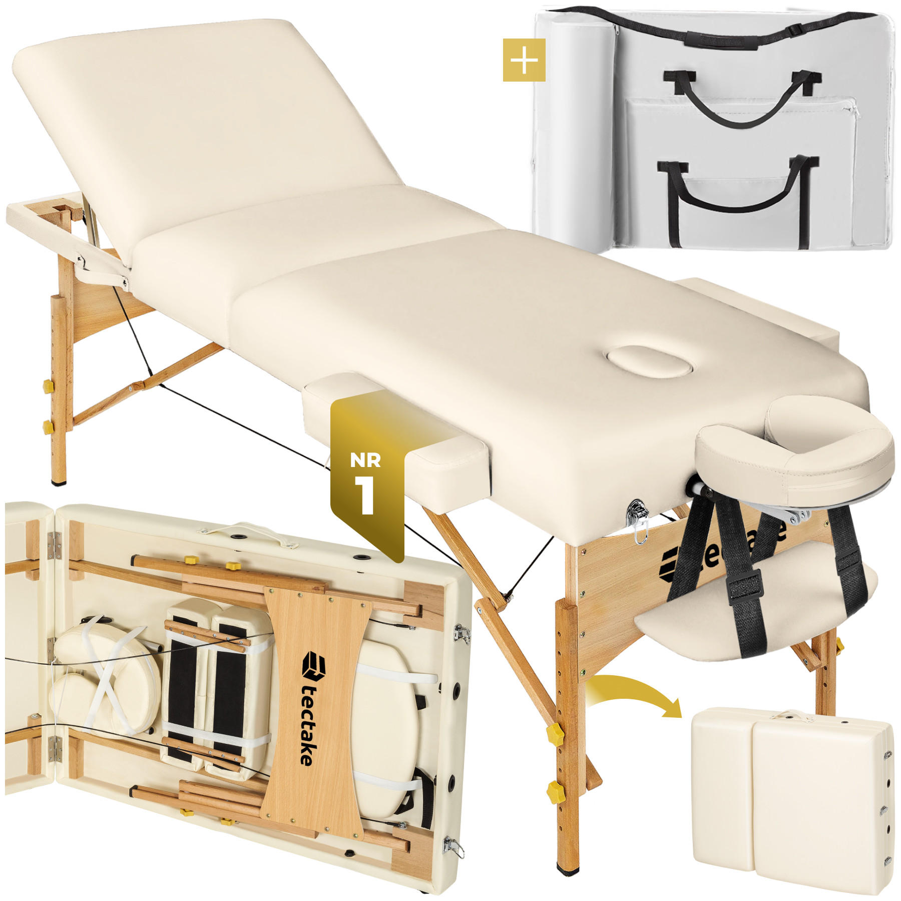 MASSAGELIEGE 3 Zonen Somwang,218 x 102 x 90 cm,beige - Beige, Holz (102/90/218cm) - tectake
