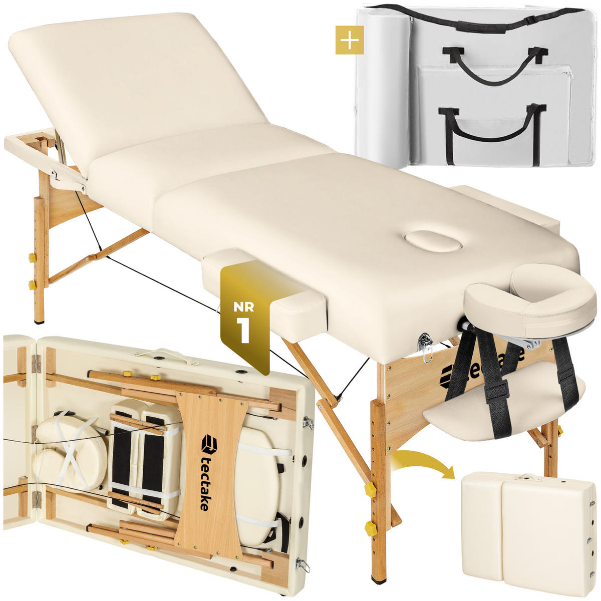 MASSAGELIEGE 3 Zonen Somwang,218 x 102 x 90 cm,beige - Beige, Holz (102/90/218cm) - tectake
