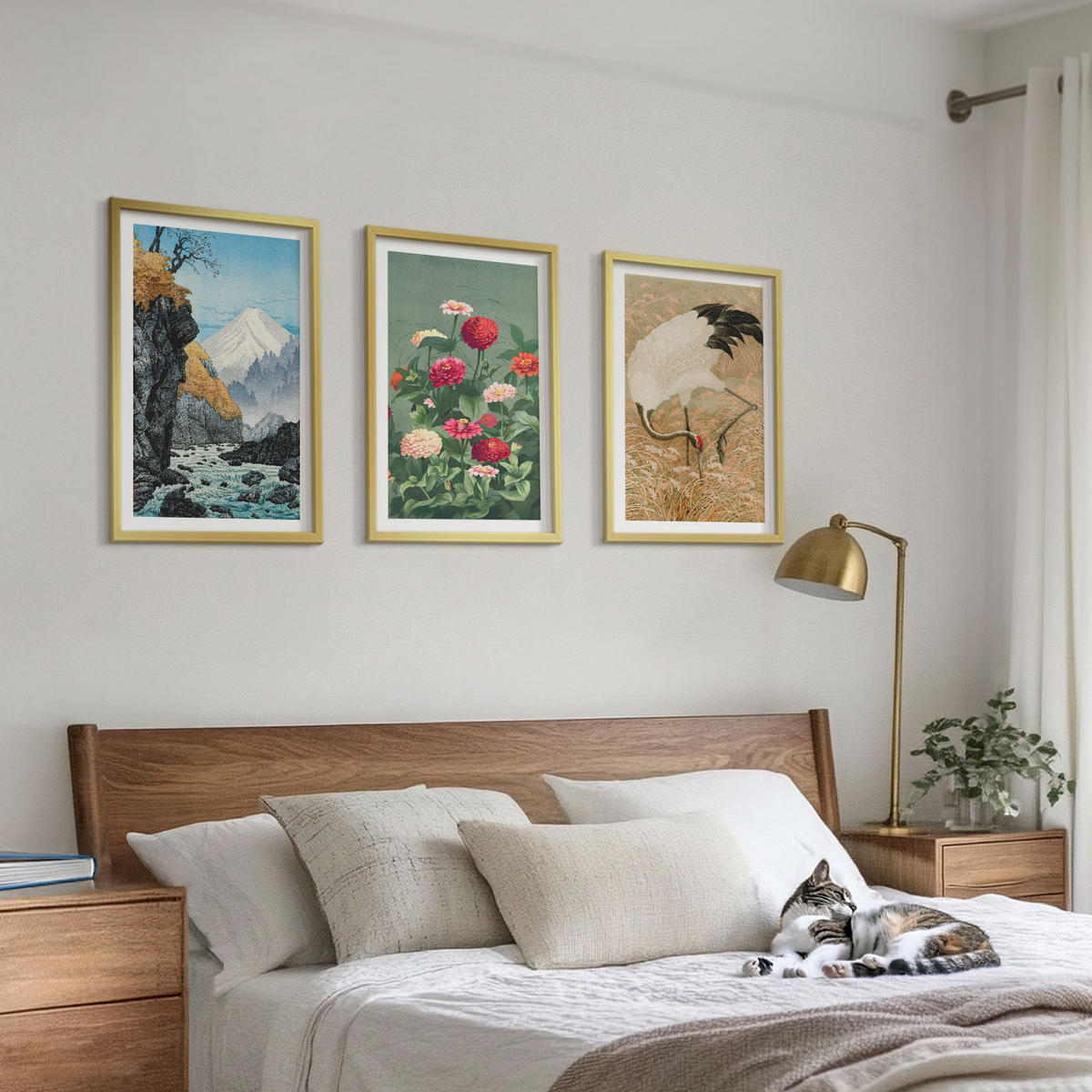 WANDBILDER 3er Set - 40x60 cm Goldrahmen - Berglandschaft, Fluss, Blumen, Kraniche - Goldfarben, Kunststoff (40/60cm) - ArtPrintCave