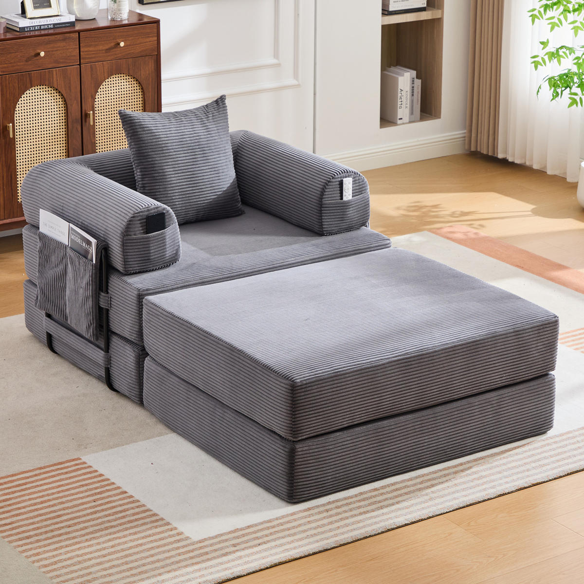 SESSEL aus Cord 112x190x67 cm Dunkelgrau mit Hocker, Seitentasche und Kissen, modular und montagefrei - Dunkelgrau, Textil (112/67/190cm) - Modfu