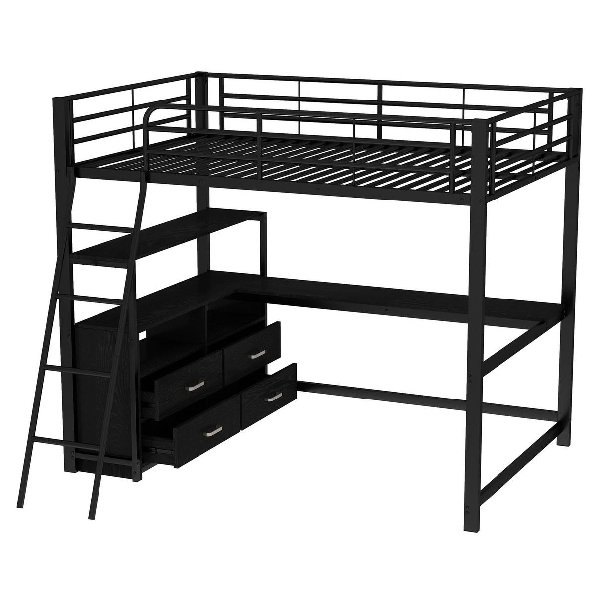 HOCHBETT 140/200 cm mit L-förmigem Schreibtisch, Schubladen und Eisenrahmen aus MDF, Schwarz - Schwarz, Metall (140/200cm) - Redom