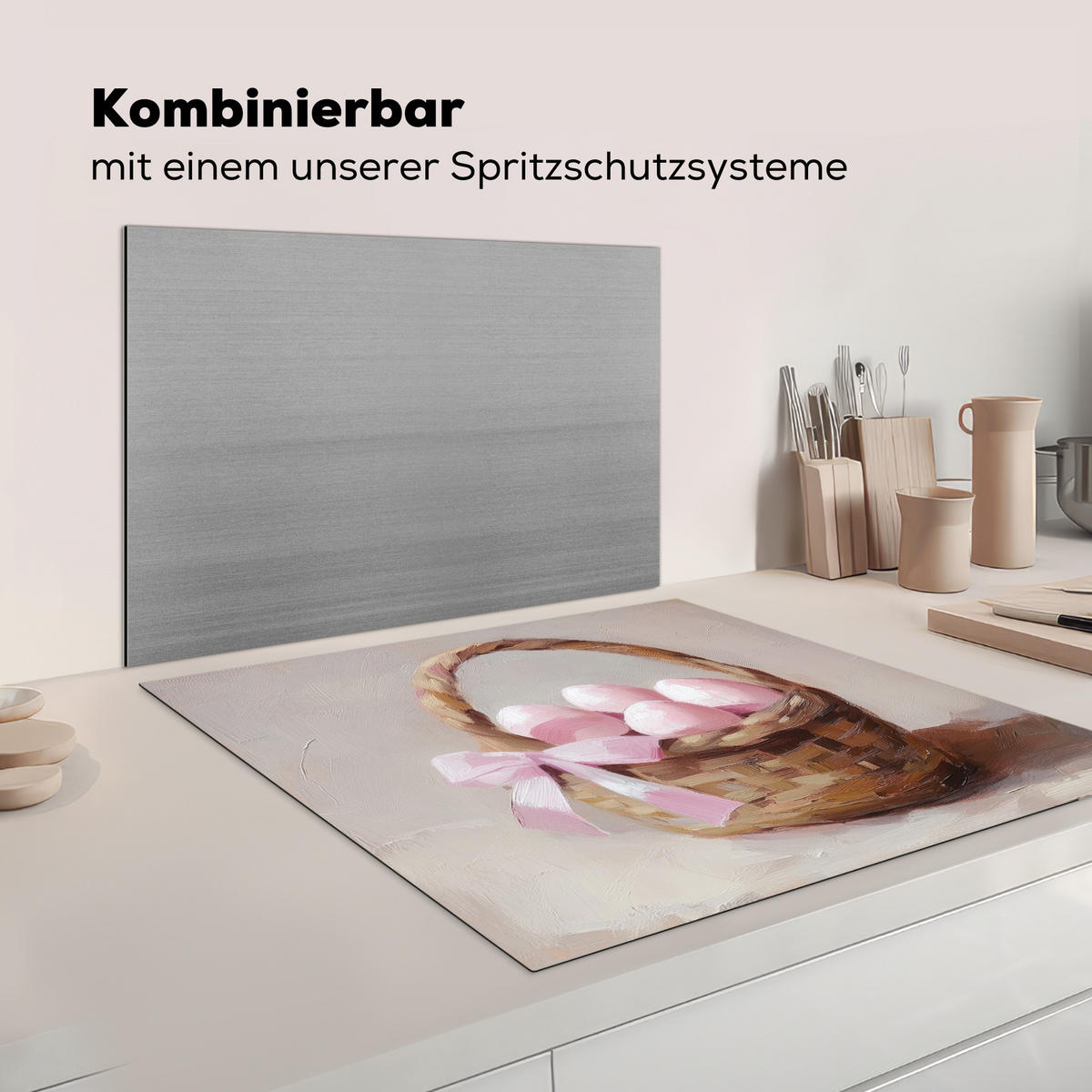 HERDABDECKPLATTE Korb - Eier - Rosa Induktionsmatte 78x78 cm - Beige, Kunststoff (78/78/0.2cm) - MuchoWow