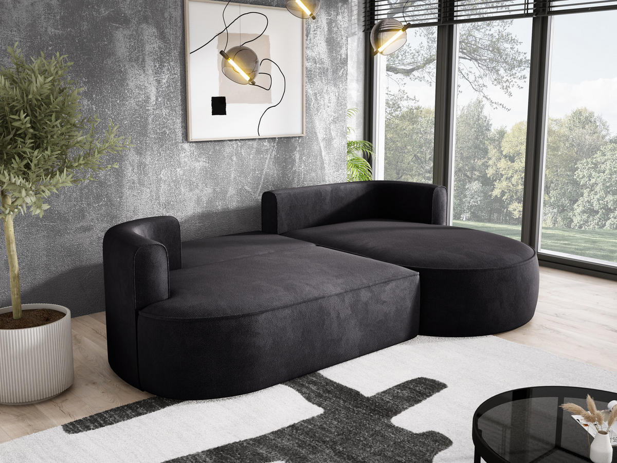 ECKSOFA FIORE-L Moderne Ausziehbare Schlaf-Funktion, automatischer Auffaltung, lose Rückenkissen freistehend RECHTS 284x183x82 cm cm Black - Schwarz, Holz/Textil (284/183cm) - DomoHome