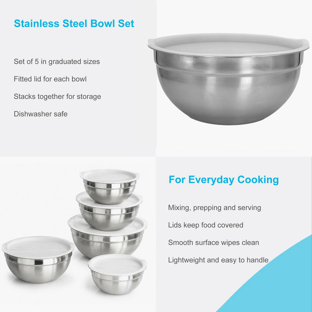 SALAT RÜHRSCHÜSSEL Set mit Deckeln in verschiedenen Größen (5-tlg.) - Silberfarben, Metall (22cm) - Intirilife