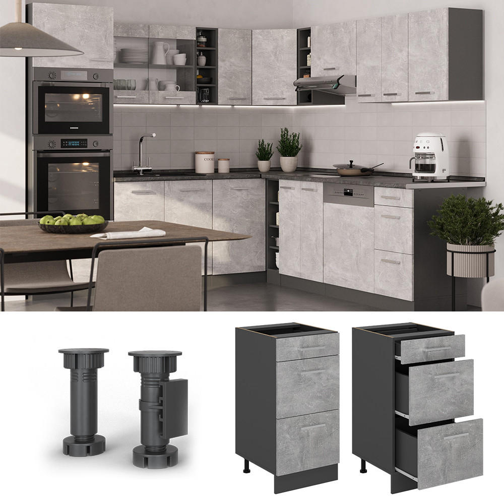 KÜCHENUNTERSCHRANK R-Line Beton 40 cm mit Schubladen, AP Marmor - Schieferfarben/Anthrazit, Holzwerkstoff (40/81.6/60cm) - Vicco