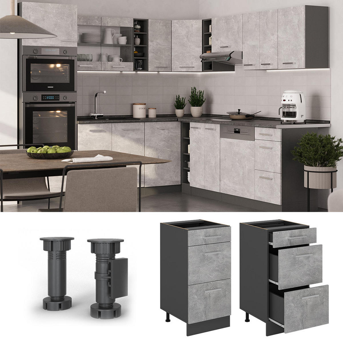 KÜCHENUNTERSCHRANK R-Line Beton 40 cm mit Schubladen, AP Marmor - Schieferfarben/Anthrazit, Holzwerkstoff (40/81.6/60cm) - Vicco