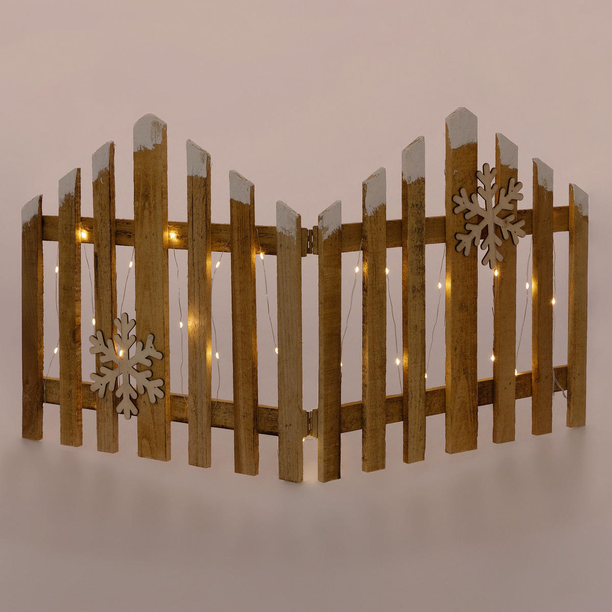 DEKO HOLZ ZAUN Natur 30 LED Warmweiß 77x38 cm mit Schneeflocken - Braun, Holz (77/38/2cm) - ECD-Germany