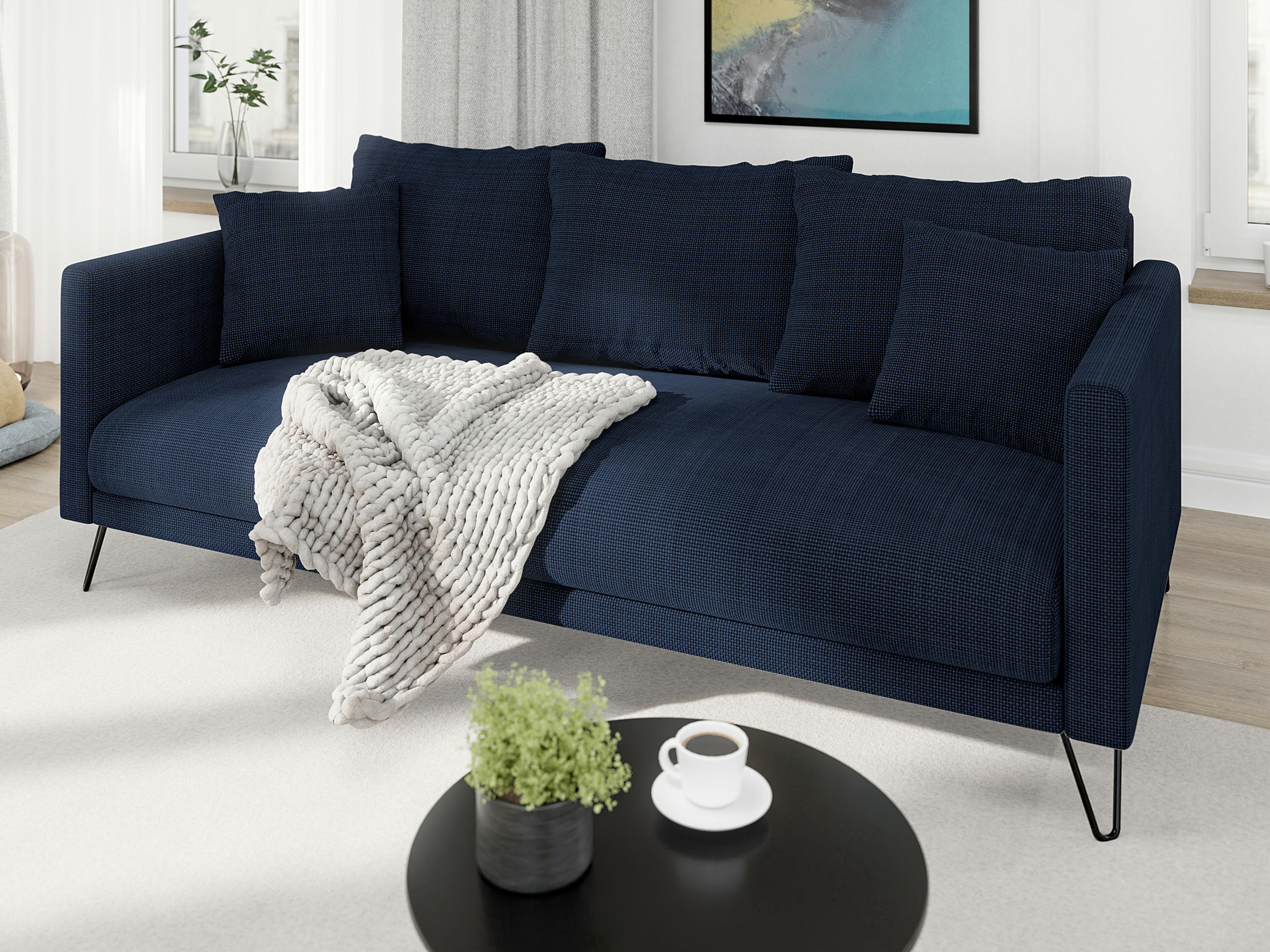 3-SITZER-SOFA Harmony Marineblau Chenille - Blau/Schwarz, Textil/Metall (200/85/100cm) - S-Style Möbel