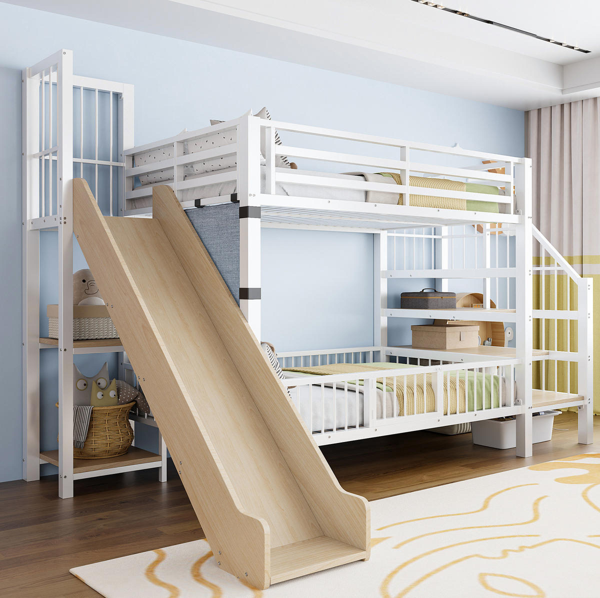 HOCHBETT 90/200 cm aus Metall/MDF mit Rutsche, Stauraumtreppe und Regalen Weiß - Weiß, Metall (90/200cm) - Modenvie