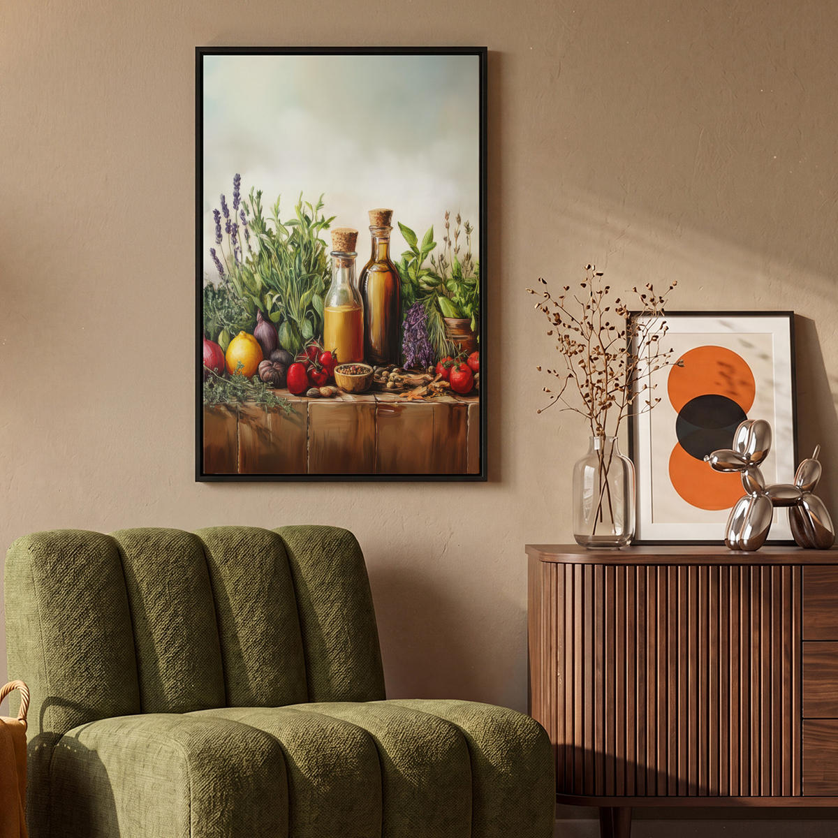 LEINWAND Bilder mit Rahmen - Stilleben - Kräuter - Gewürze - Früchte - Farbenfroh - 60x90 - Grün, Textil (60/90cm) - MuchoWow