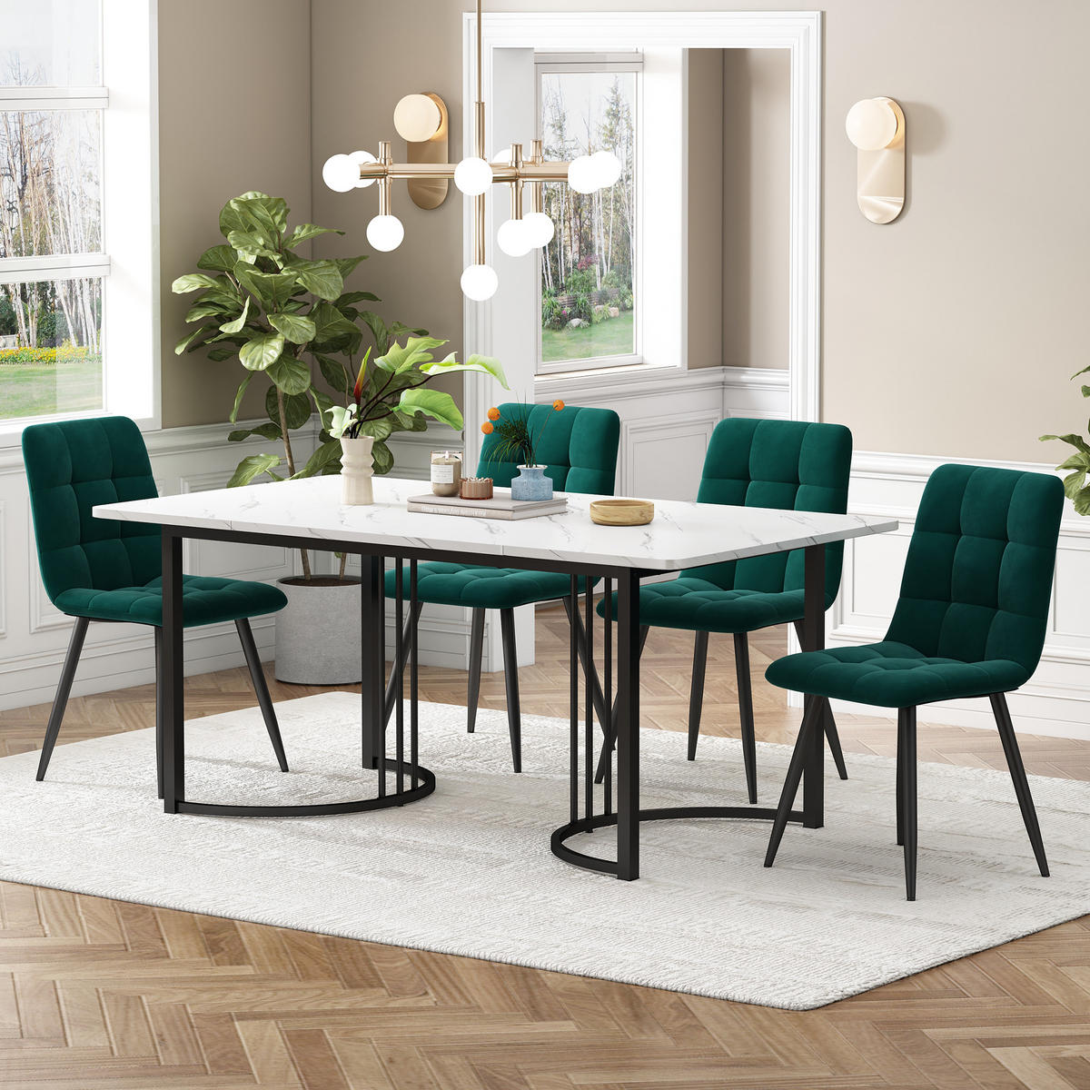 ESSGRUPPE 5-teilig mit Marmoroptik-Esstisch 140×80 und vier Samtstühlen mit Metallgestell im modernen Stil, weiß-grün - Grün, Holzwerkstoff (75/75/140cm) - Luhomfu