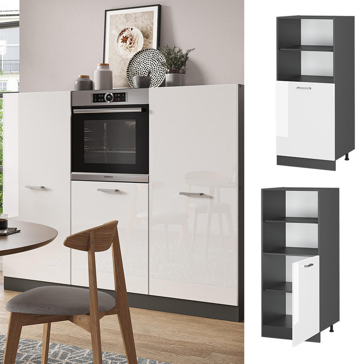 HERDUMBAUSCHRANK R-Line Weiß Hochglanz 60 cm - Weiß Hochglanz/Anthrazit, Holzwerkstoff (60/143/57cm) - Vicco