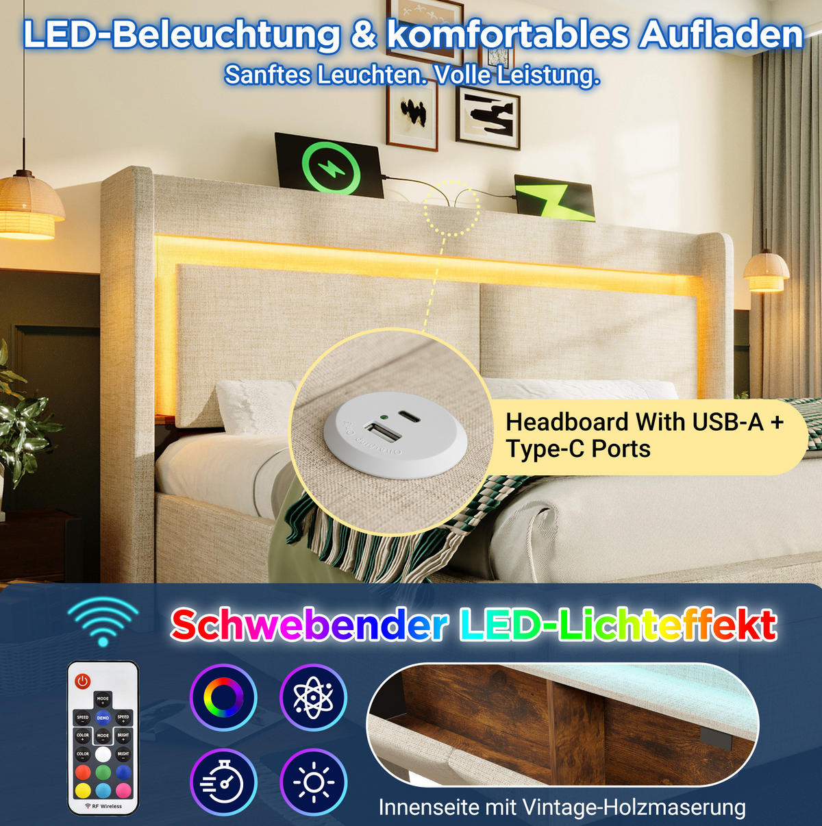 OBLAZINJENA postelja 160/200 cm z LED osvetlitvijo, USB in USB-C priključkom ter hidravličnim prostorom za shranjevanje, Bež - bež, tekstil (160/200cm) - Redom