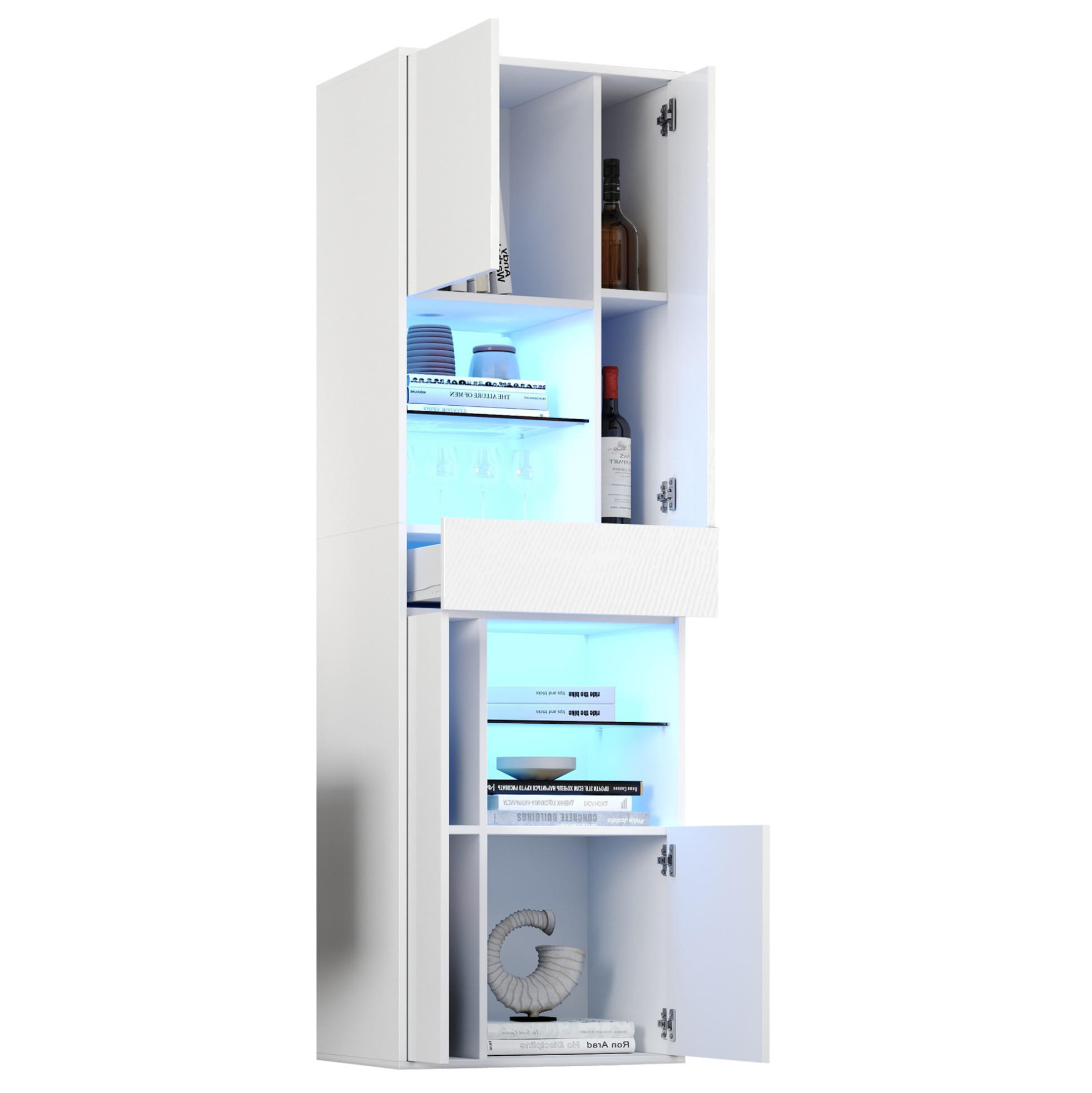VITRINE 55/38/170 cm aus Spanplatte mit LED-Beleuchtung und Hochglanzfront Weiß - Weiß, Holzwerkstoff (55/170/38cm) - Modenvie
