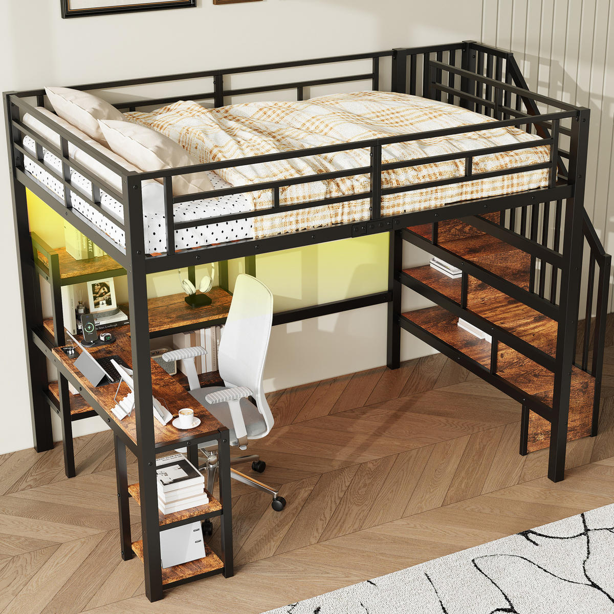 HOCHBETT 140/200 cm aus Metall mit Treppe, Schreibtisch, Regalfächern, USB-Ladestation und LED-Beleuchtung, Schwarz - Schwarz, Metall (140/200cm) - Redom