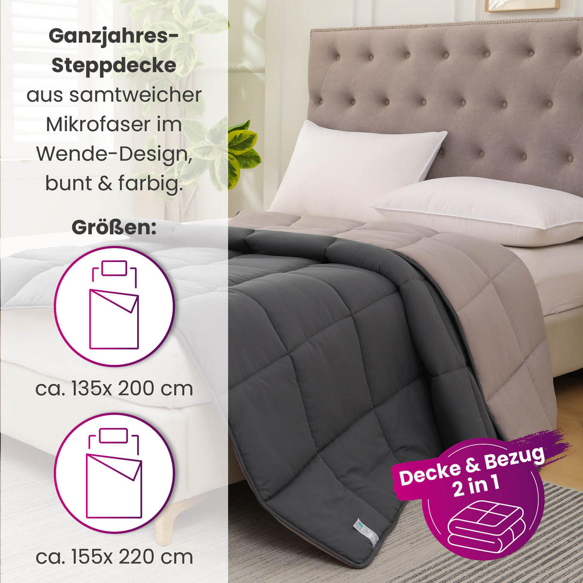 PLÜSCH Steppbett Bi-Color im Wende-Design grau 135x200 - Grau, Textil (135/200cm) - wometo