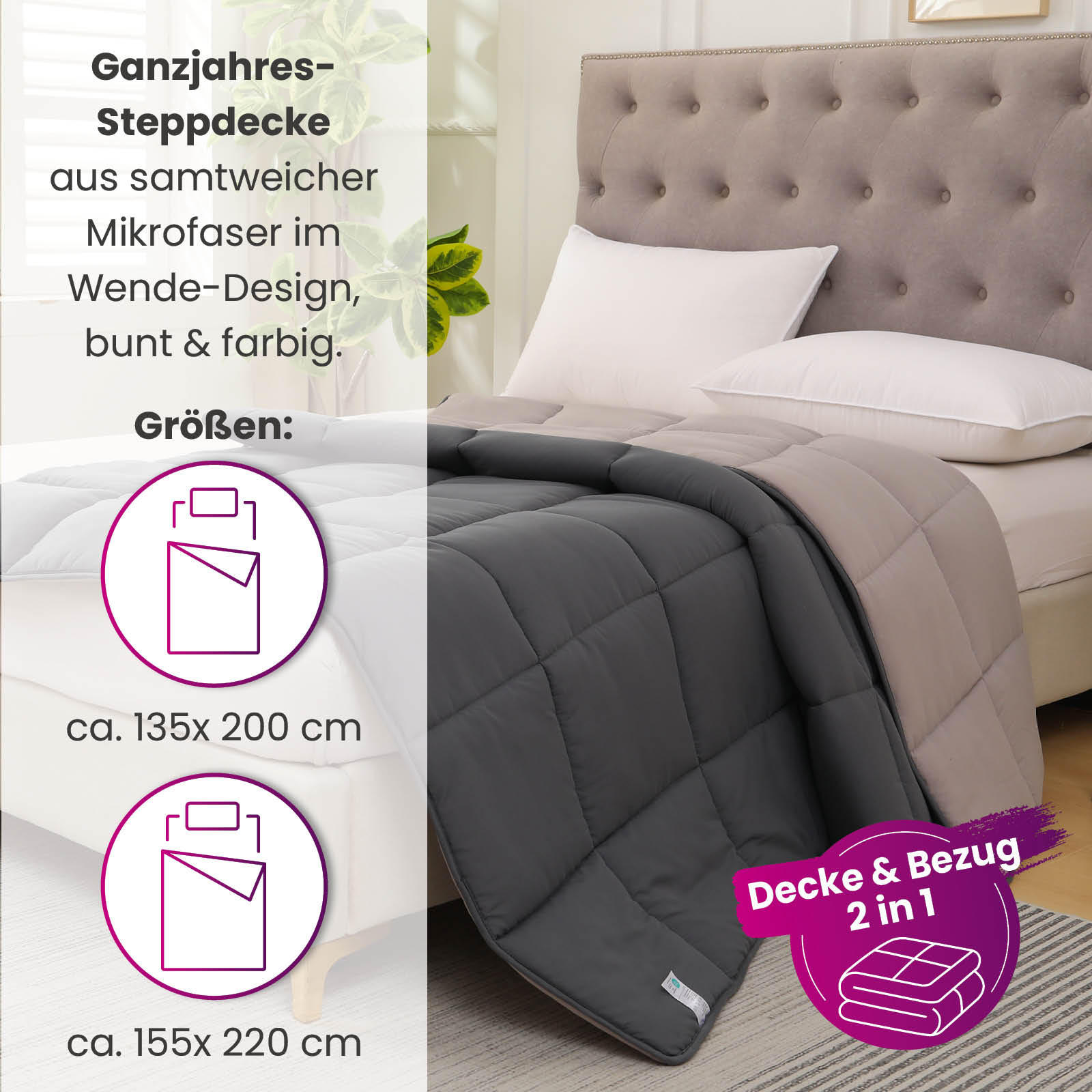 Thumbnail - wometo Ganzjahr, Grau, Textil, 135x200 cm, Oeko-Tex®, Schlaftextilien, Bettdecken